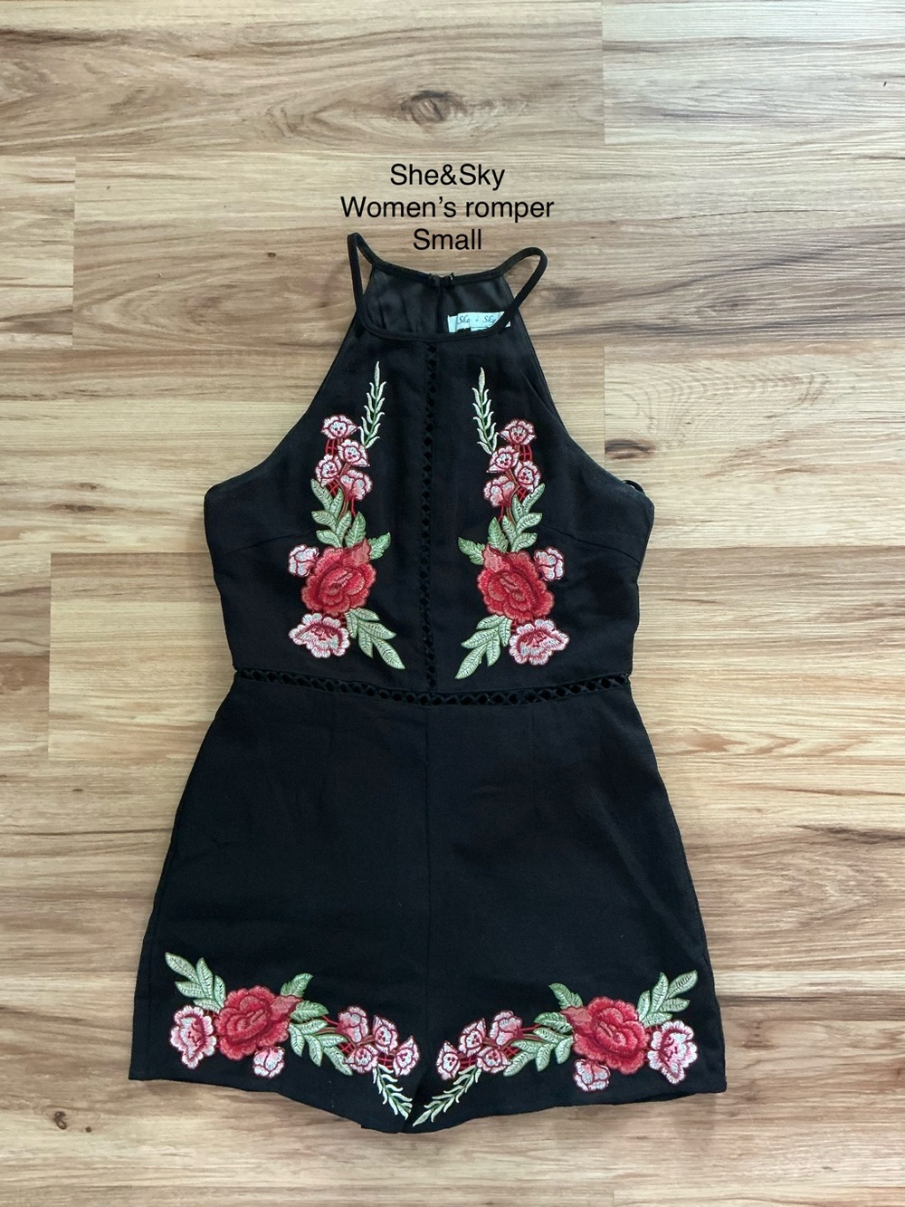 Women’s she & sky romper with embroidered flowers